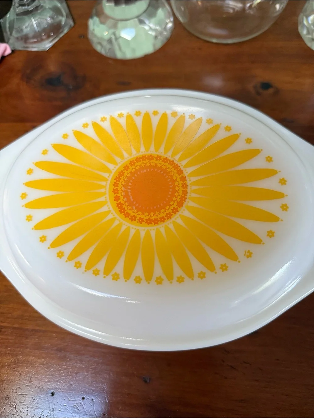 Vintage-Style Yellow Casserole Dish with Sunburst Lid